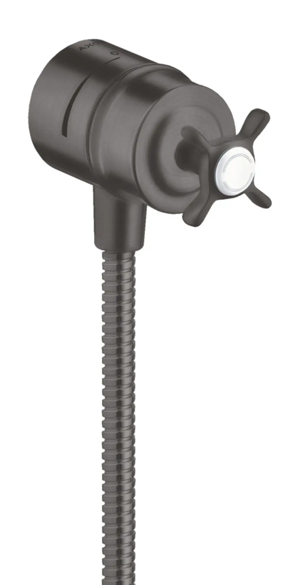 AXOR Wandanschluss mit Rückflussverhinderer, Absperrventil und Kreuzgriff in gebürstetem Schwarzchrom, ausgestattet mit einem flexiblen Anschluss.